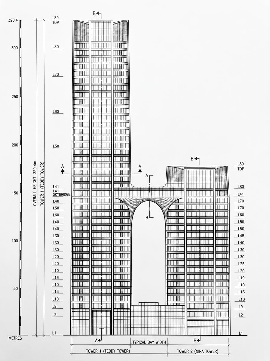 Architectural elevation drawing of Nina Tower, Tsuen Wan, Hong Kong