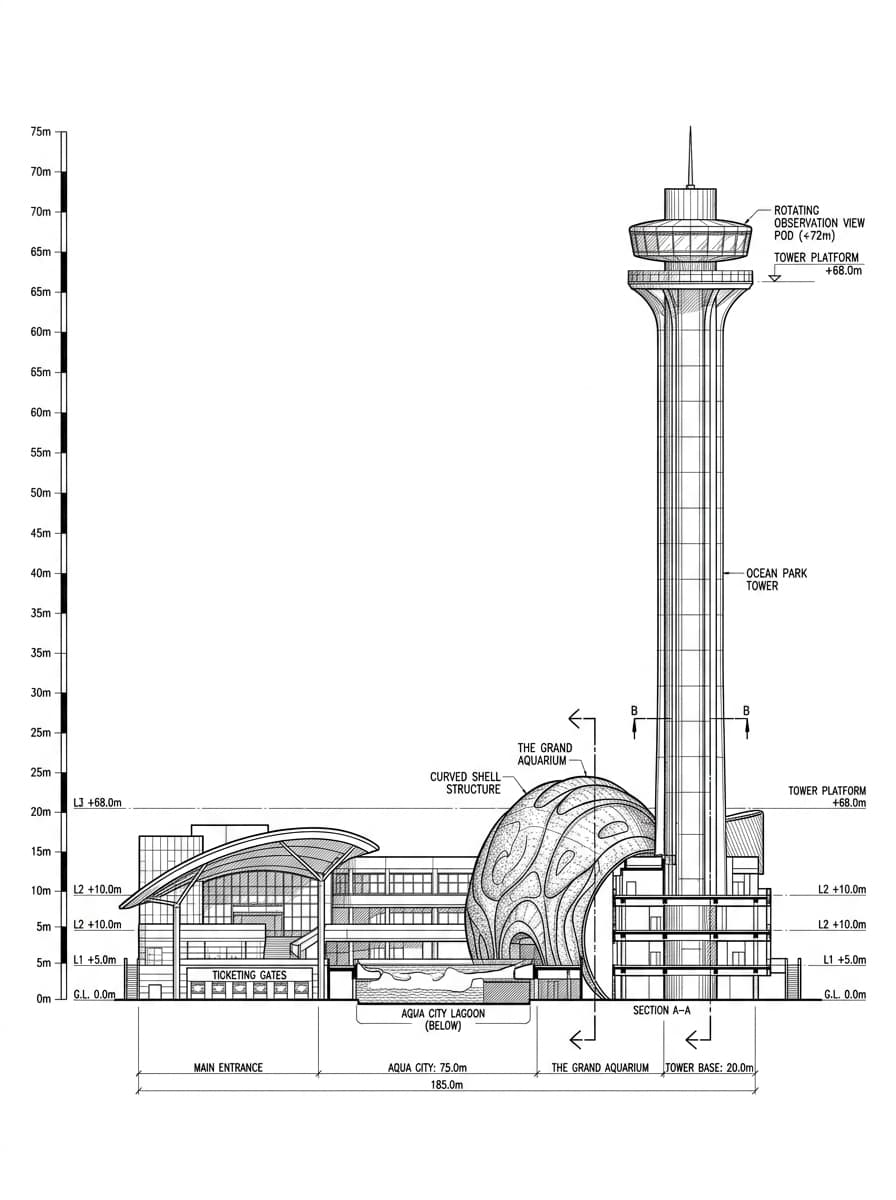 Architectural elevation drawing of Ocean Park, Southern, Hong Kong