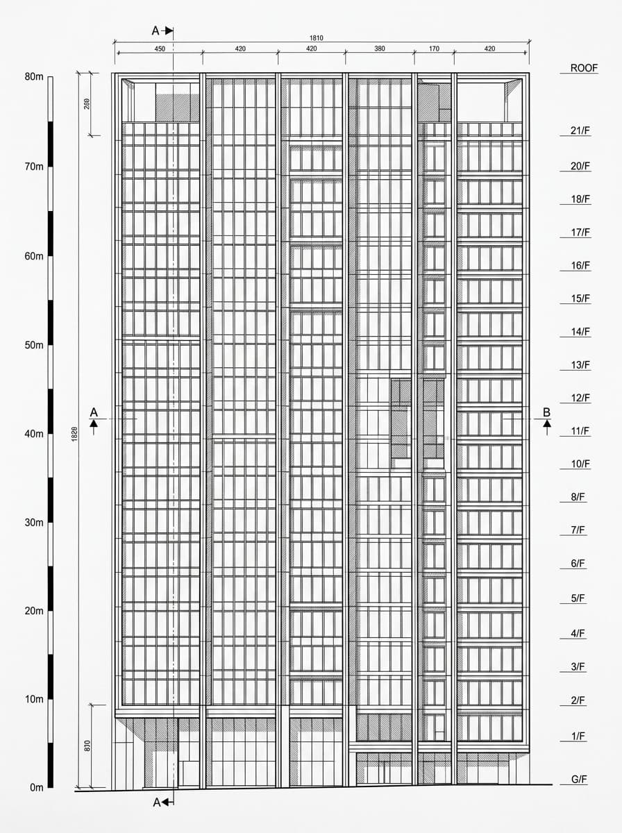 Architectural elevation drawing of York House, Central, Hong Kong