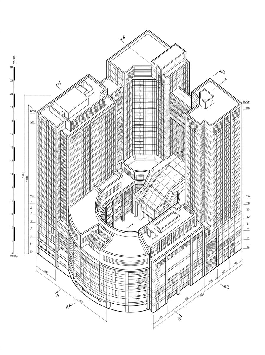 Architectural elevation drawing of Cityplaza, Eastern, Hong Kong