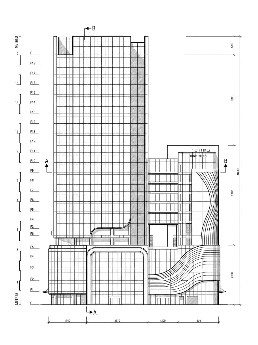 Architectural elevation drawing of Mira Place, Tsim Sha Tsui, Hong Kong