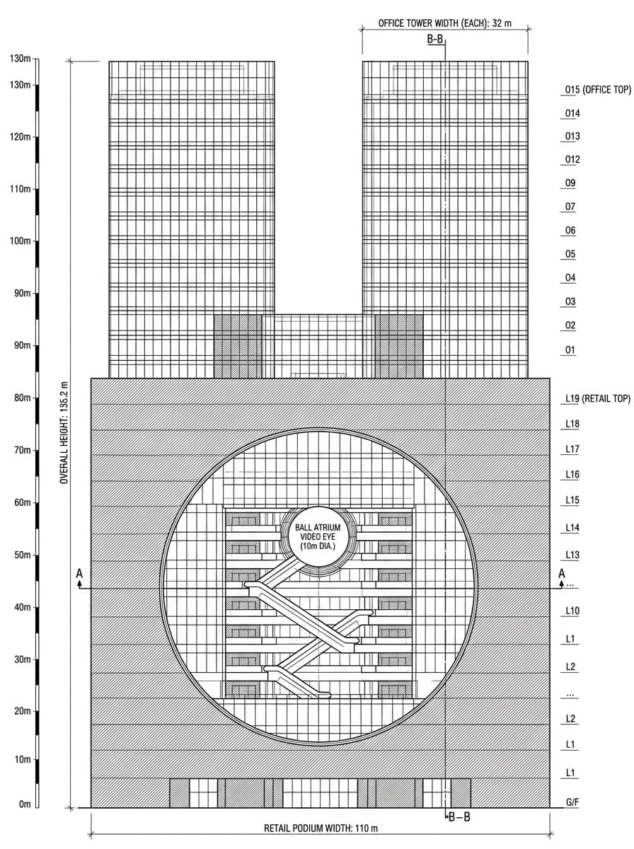 Architectural elevation drawing of MegaBox, Kwun Tong, Hong Kong