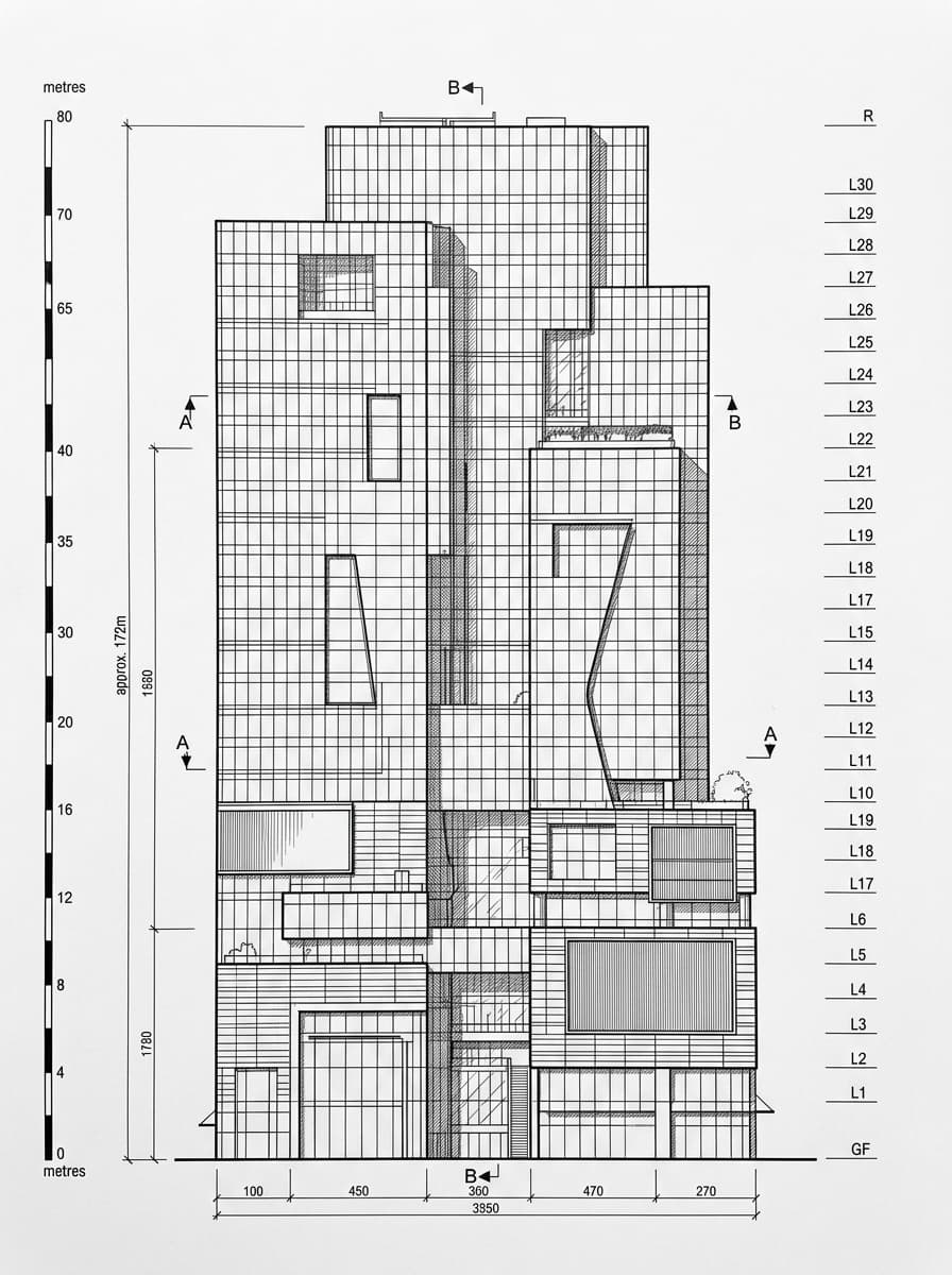 Architectural elevation drawing of The One, Tsim Sha Tsui, Hong Kong