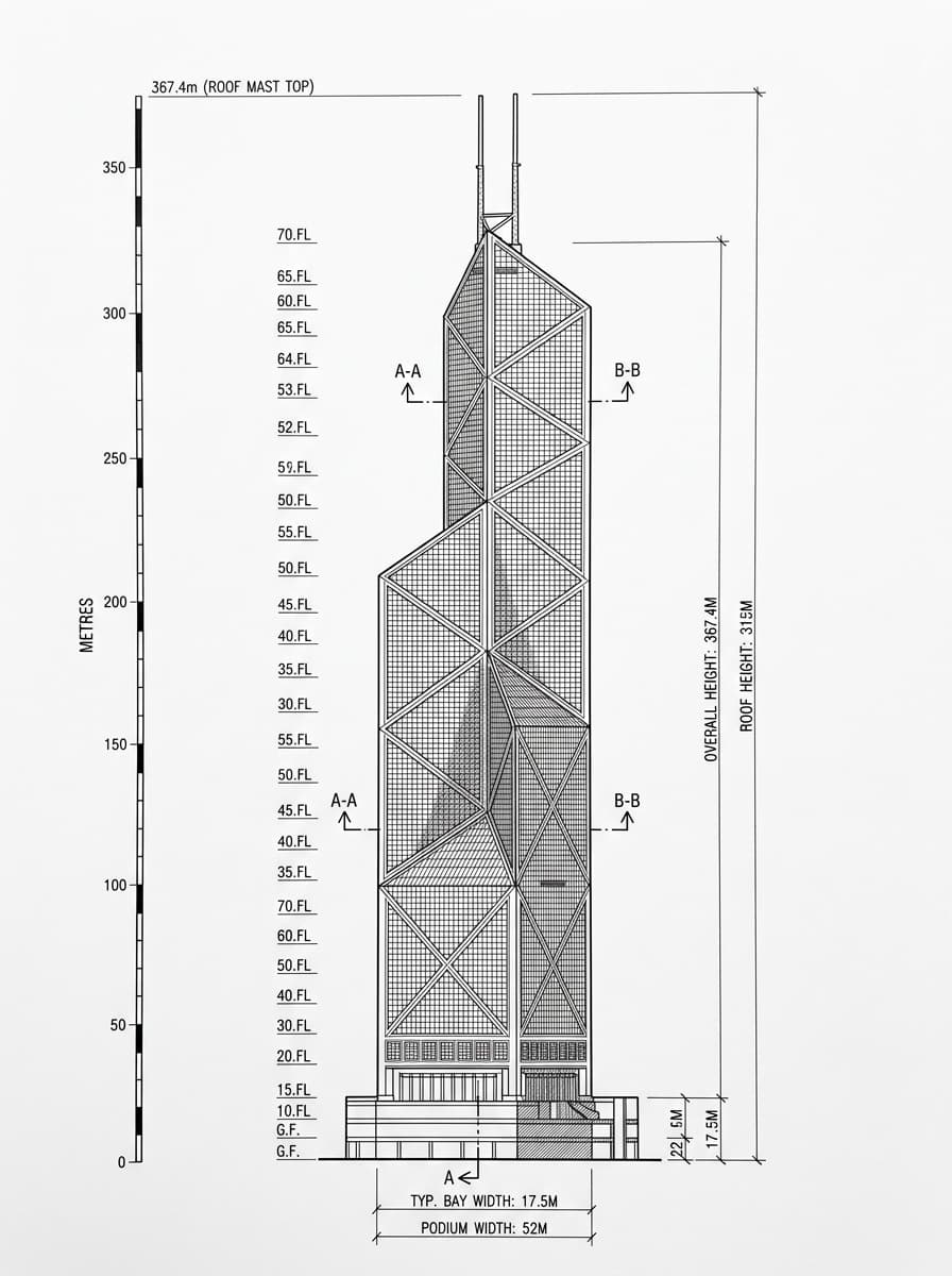 Architectural elevation drawing of Bank of China Tower, Central, Hong Kong