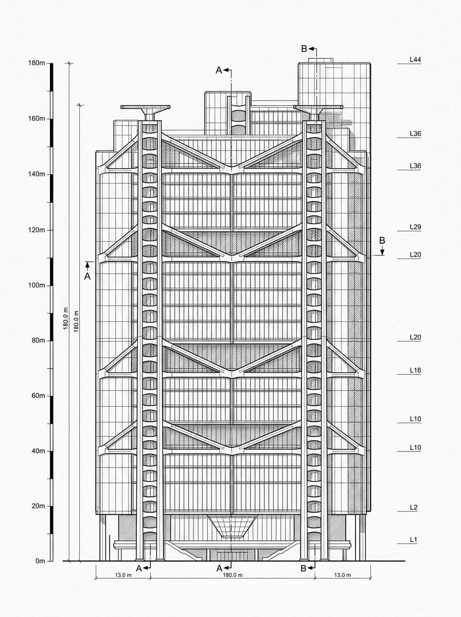 Architectural elevation drawing of HSBC Main Building, Central, Hong Kong