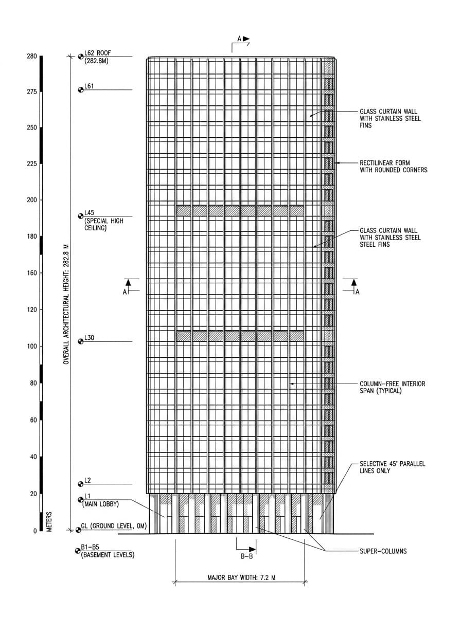 Architectural elevation drawing of Cheung Kong Center, Central, Hong Kong