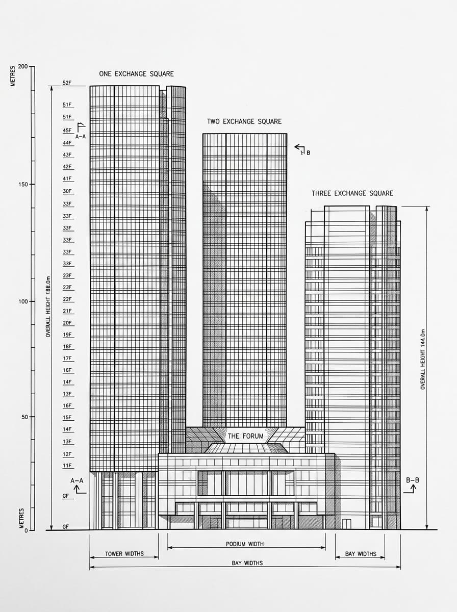 Architectural elevation drawing of Exchange Square, Central, Hong Kong