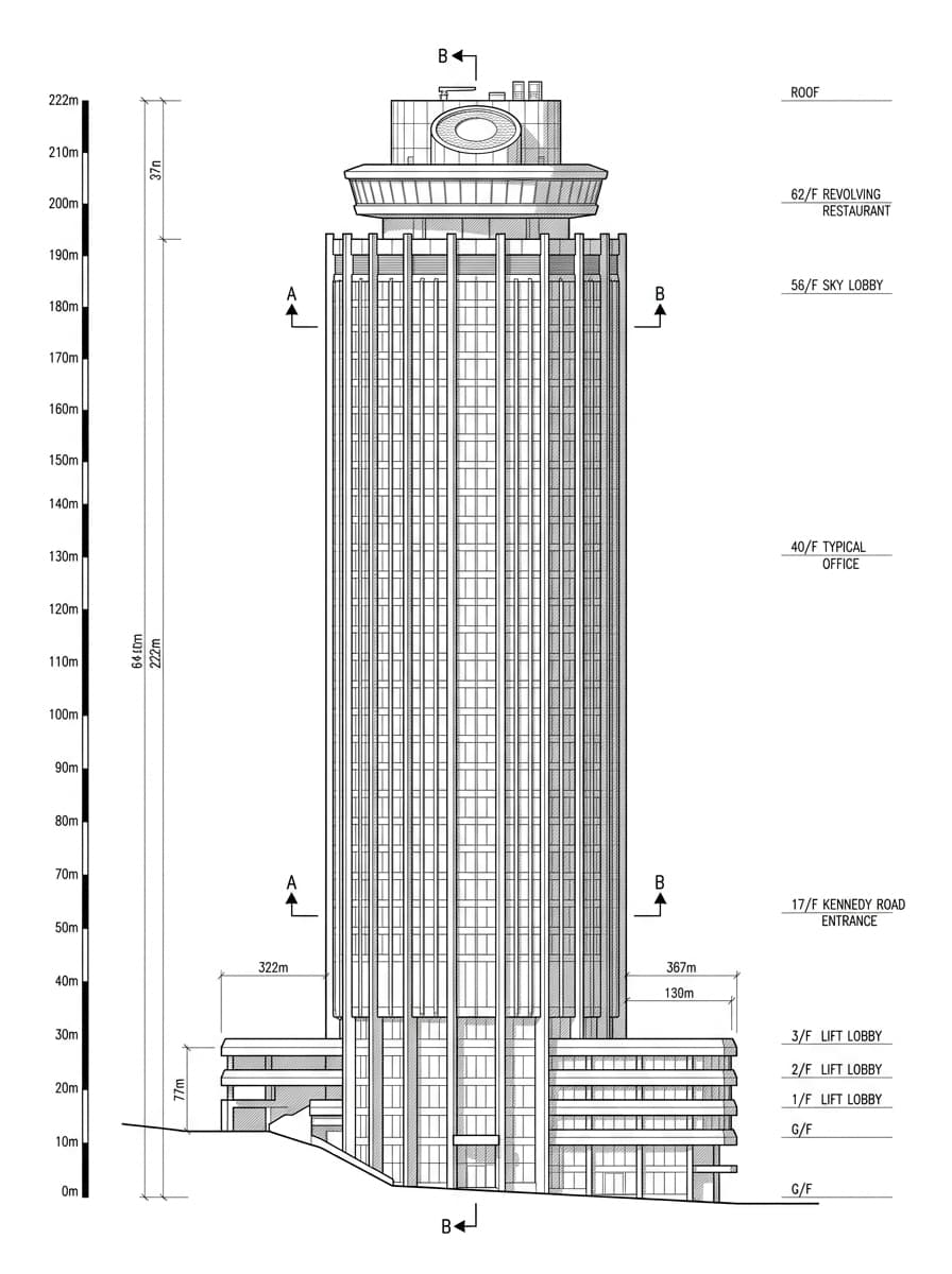 Architectural elevation drawing of Hopewell Centre, Wan Chai, Hong Kong