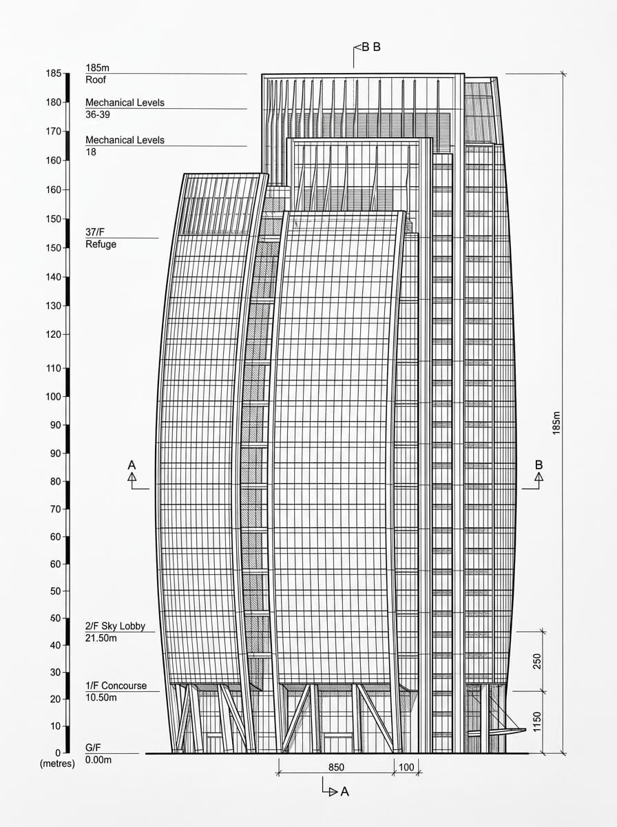 Architectural elevation drawing of AIA Central, Central, Hong Kong