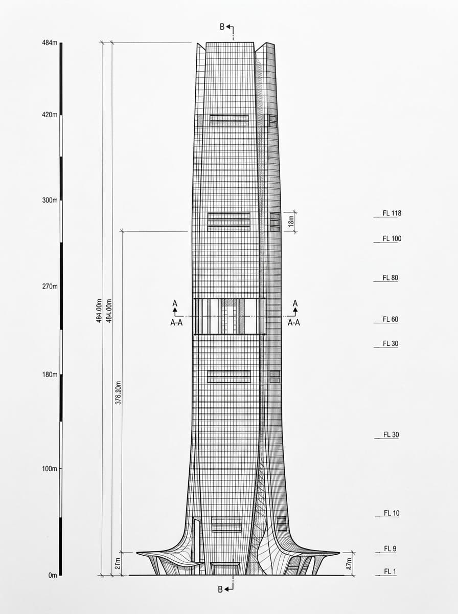 Architectural elevation drawing of International Commerce Centre, West Kowloon, Hong Kong