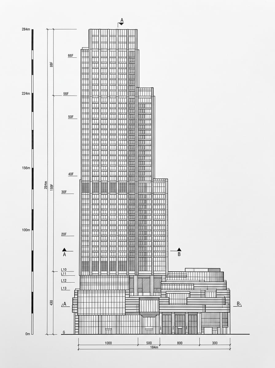 Architectural elevation drawing of Victoria Dockside, Tsim Sha Tsui, Hong Kong