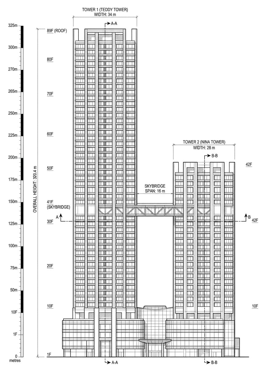 Architectural elevation drawing of Nina Tower, Tsuen Wan, Hong Kong