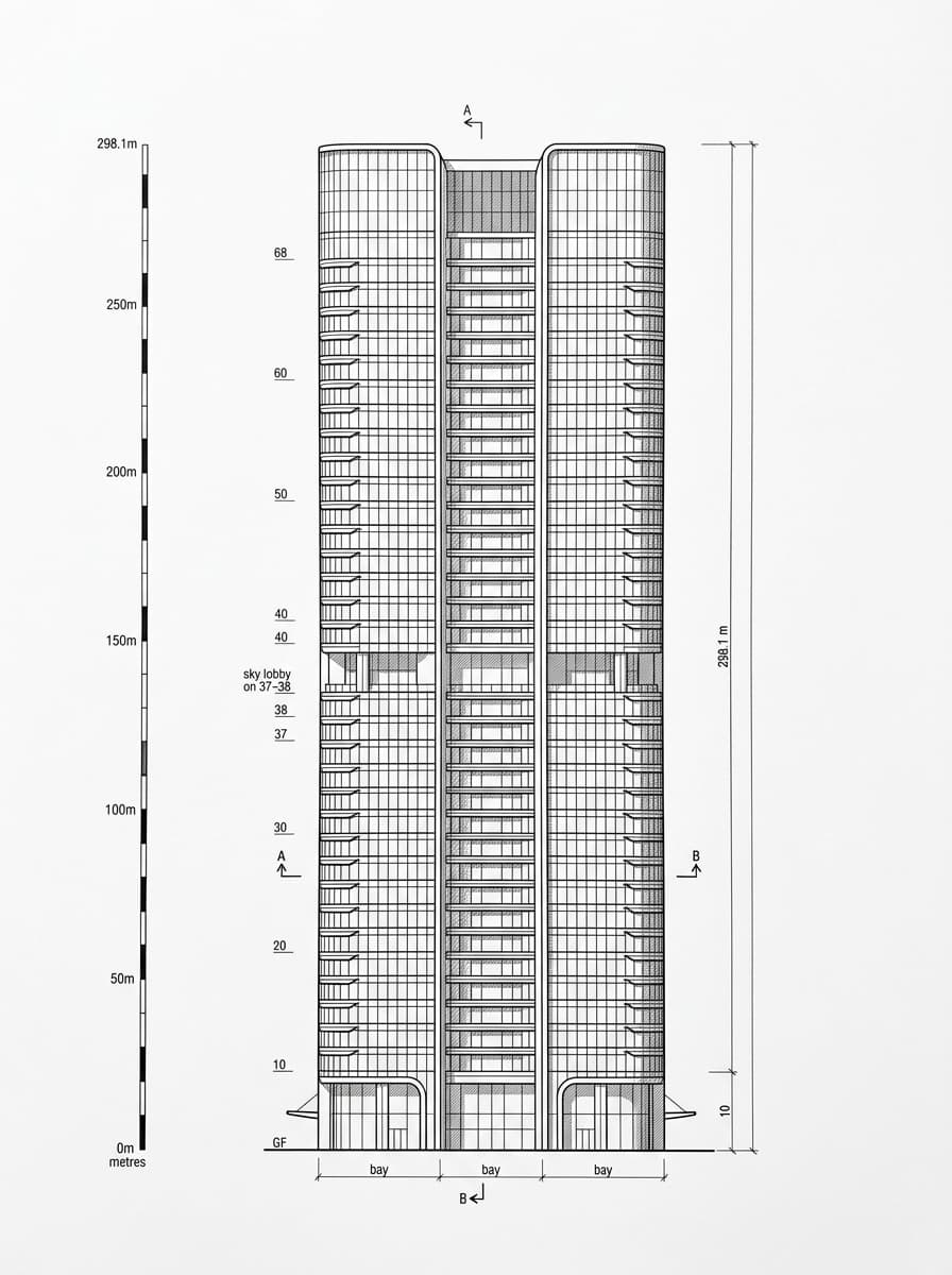 Architectural elevation drawing of One Island East, Eastern, Hong Kong