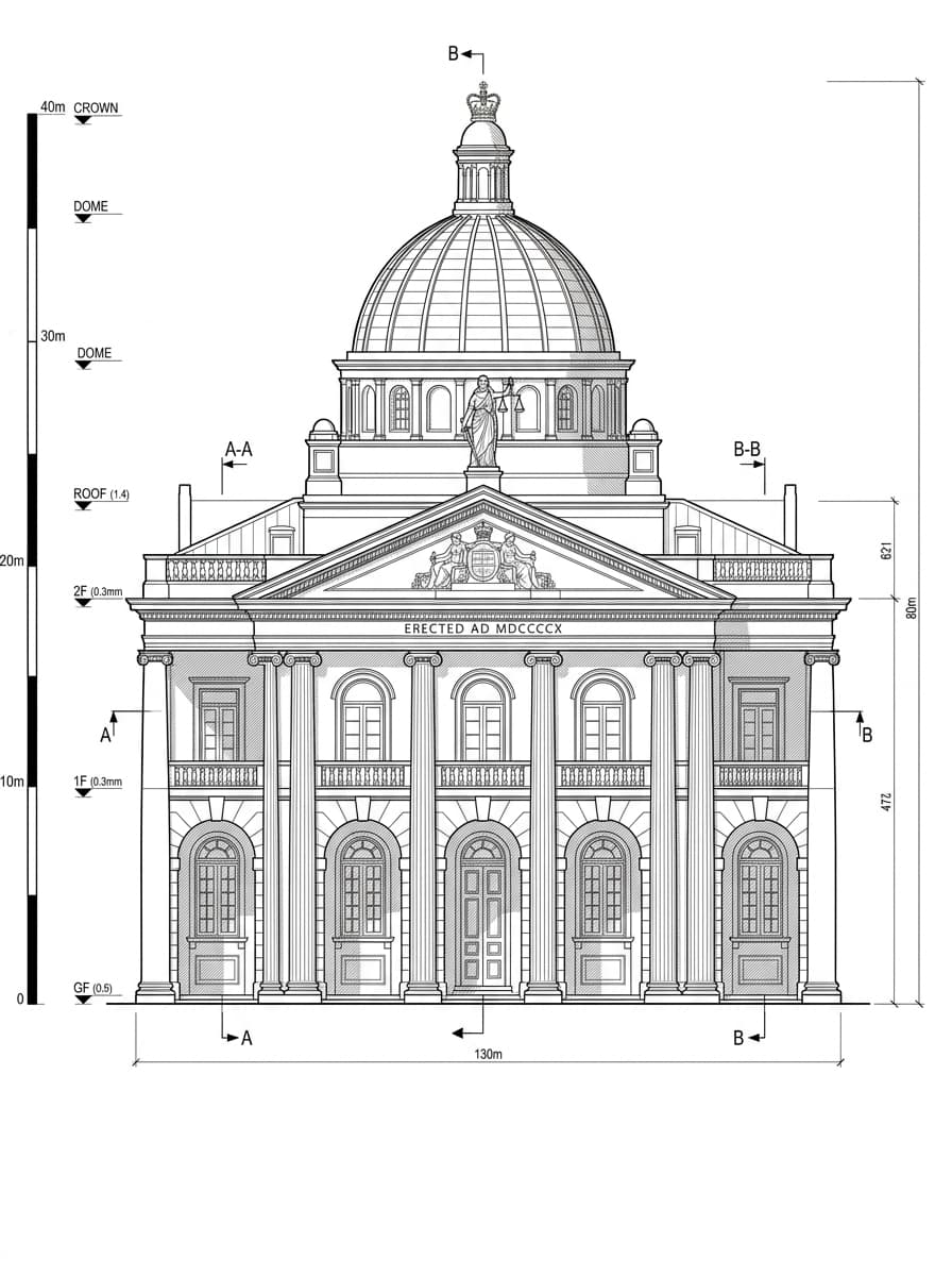 Architectural elevation drawing of Court of Final Appeal (Former Supreme Court), Central, Hong Kong