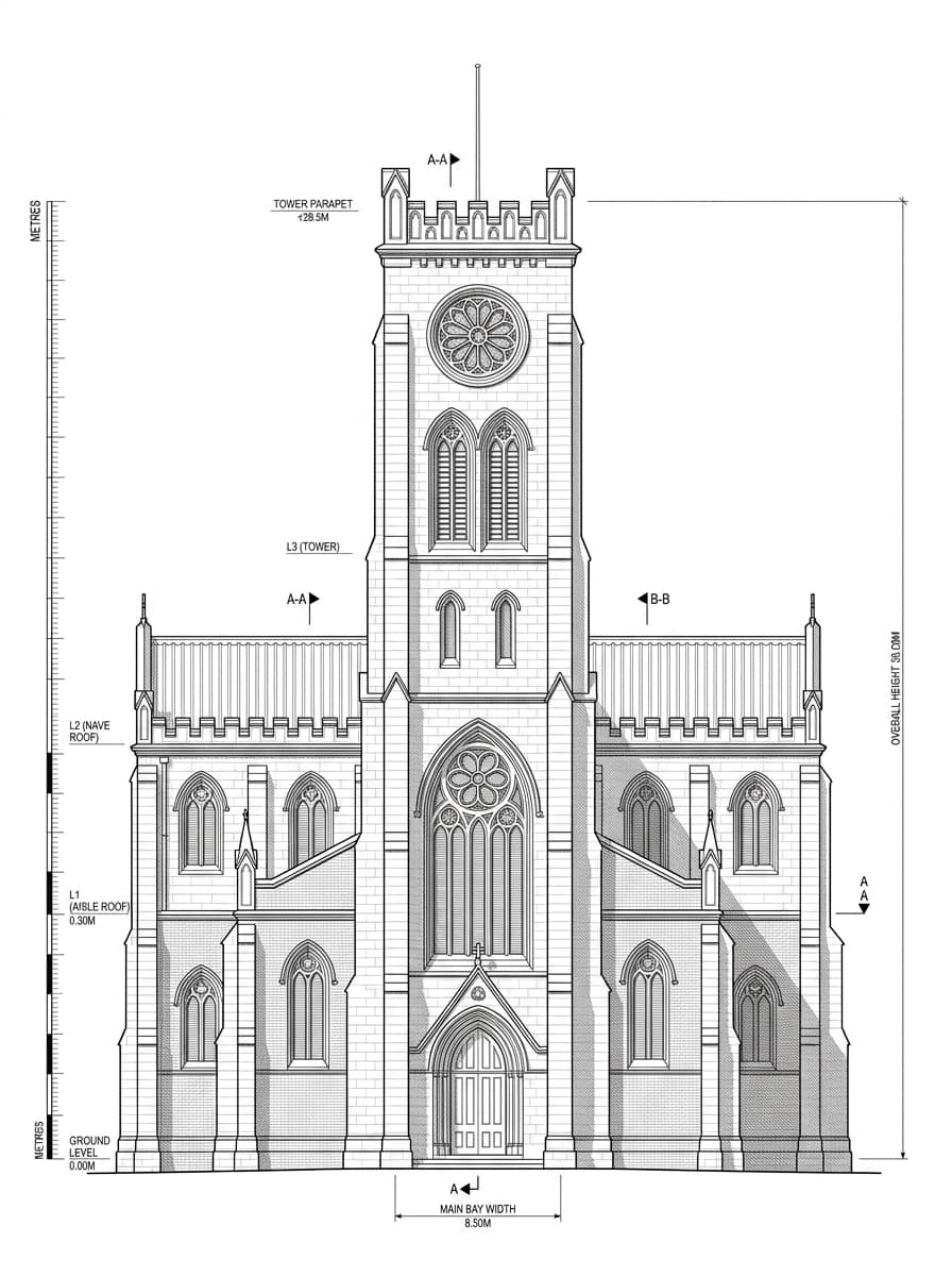 Architectural elevation drawing of St. John's Cathedral, Central, Hong Kong