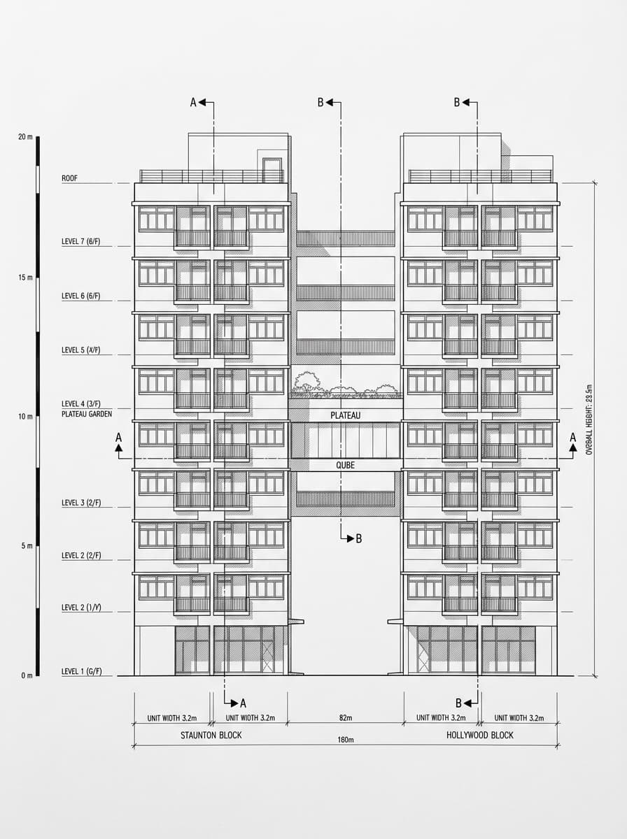 Architectural elevation drawing of PMQ, Central, Hong Kong