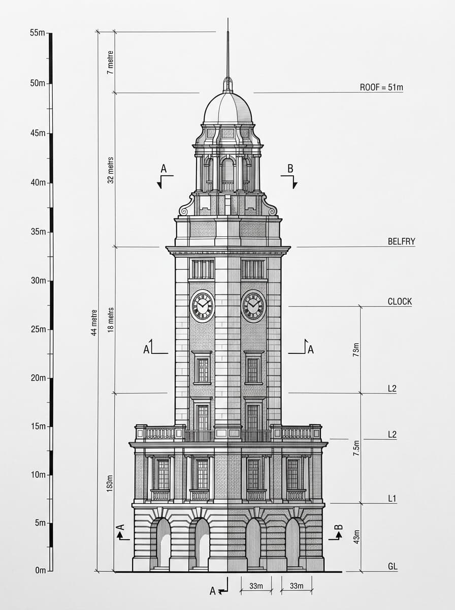 Architectural elevation drawing of Clock Tower, Tsim Sha Tsui, Hong Kong