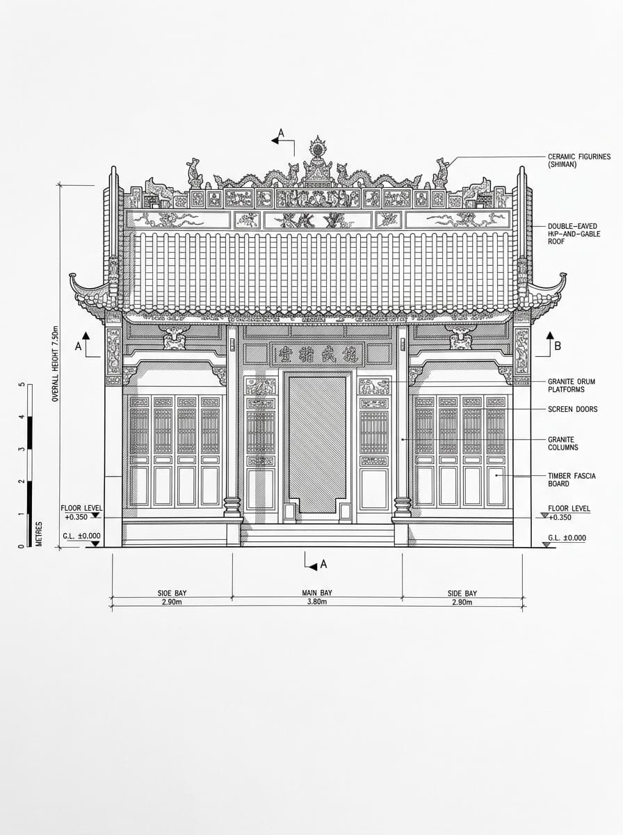 Architectural elevation drawing of Man Mo Temple, Sheung Wan, Hong Kong