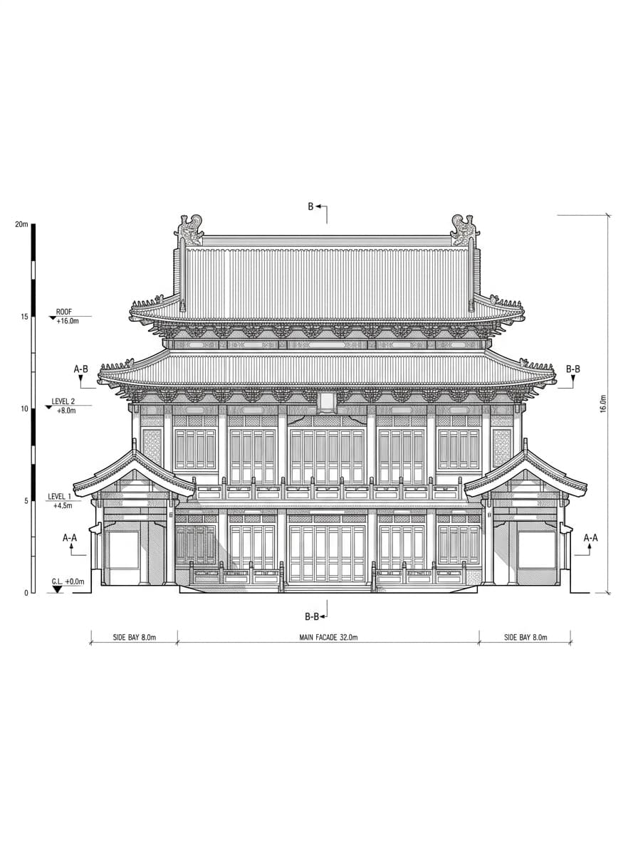Architectural elevation drawing of Wong Tai Sin Temple, Wong Tai Sin, Hong Kong
