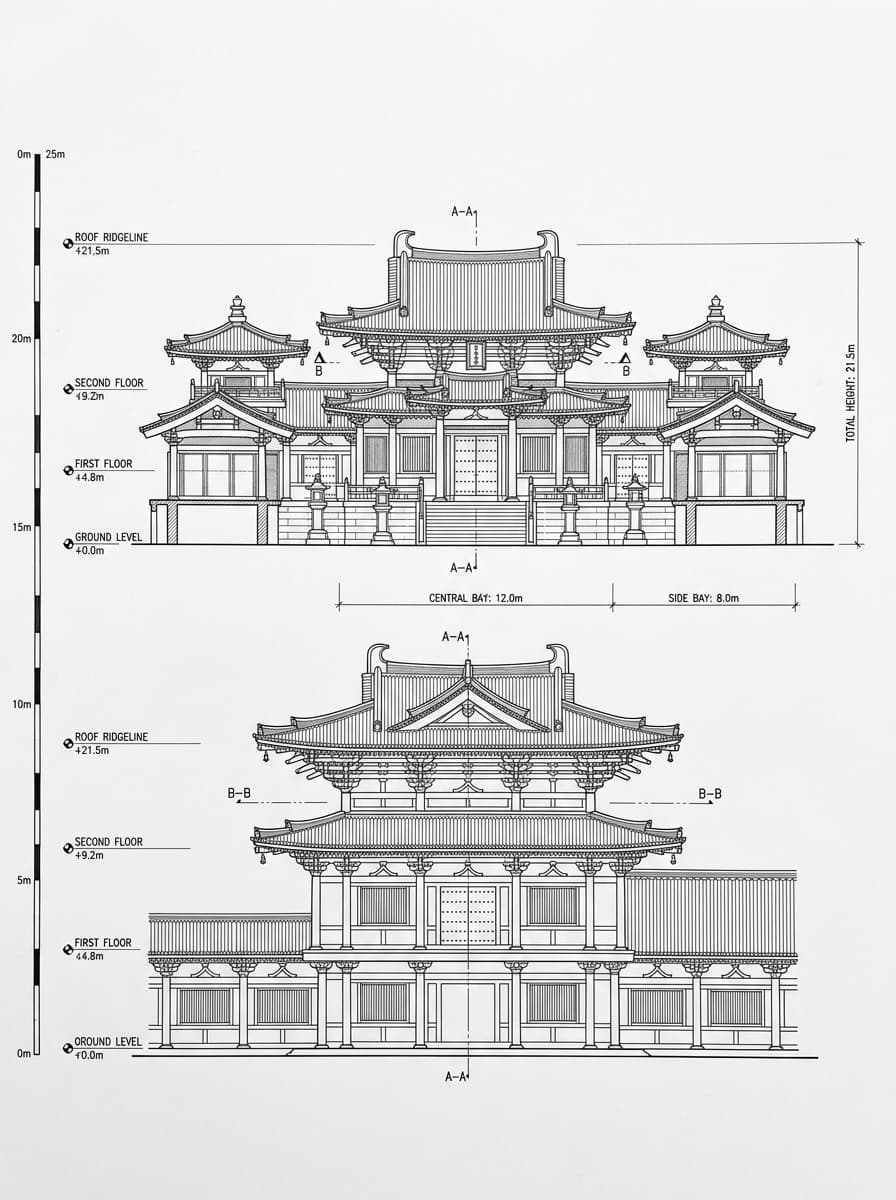 Architectural elevation drawing of Chi Lin Nunnery, Diamond Hill, Hong Kong