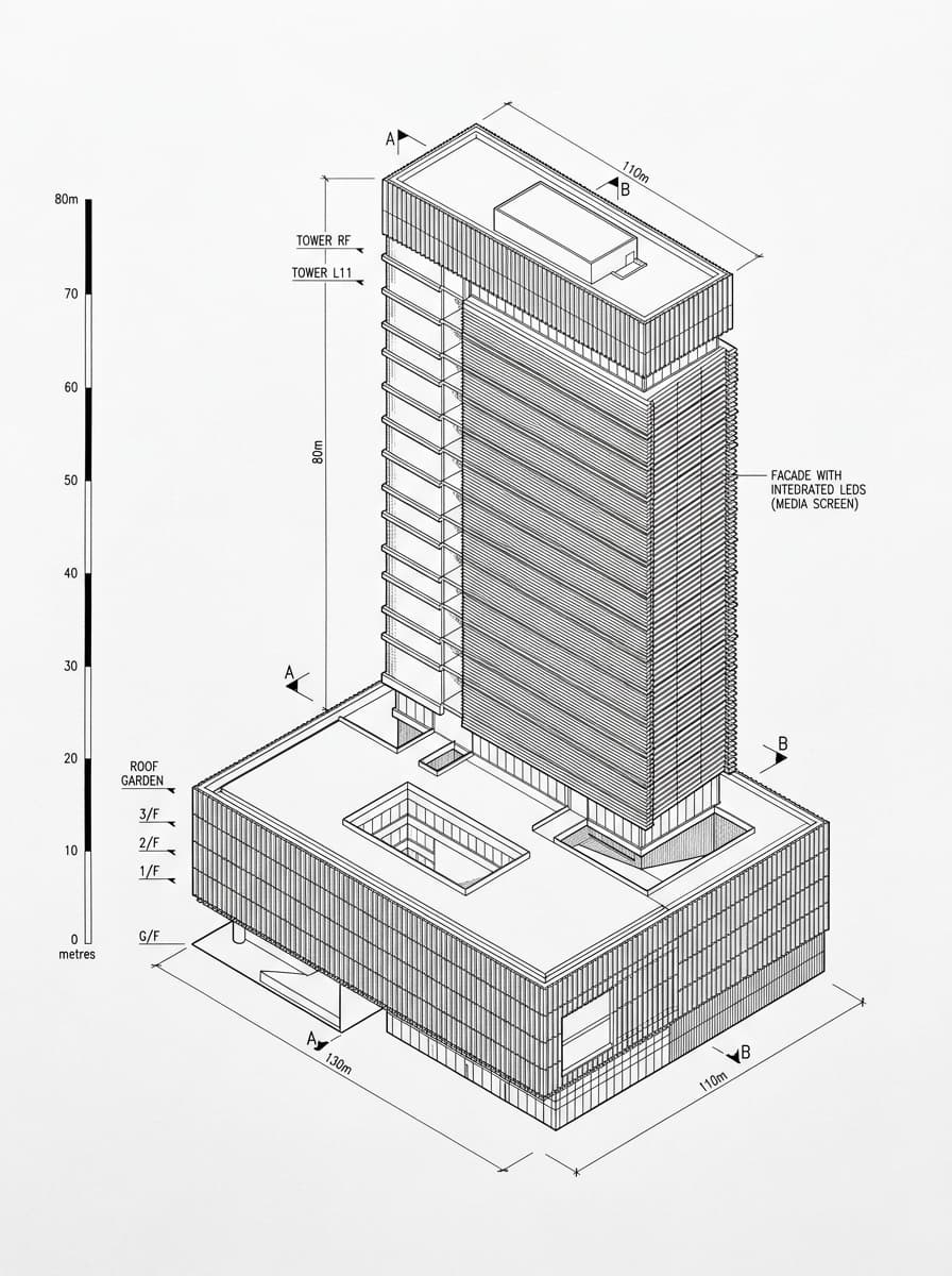 Architectural elevation drawing of M+ Museum, West Kowloon, Hong Kong