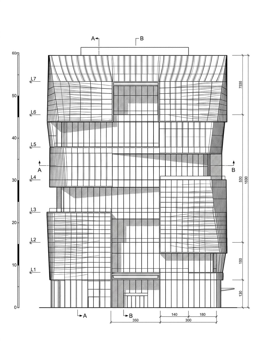 Architectural elevation drawing of Hong Kong Palace Museum, West Kowloon, Hong Kong