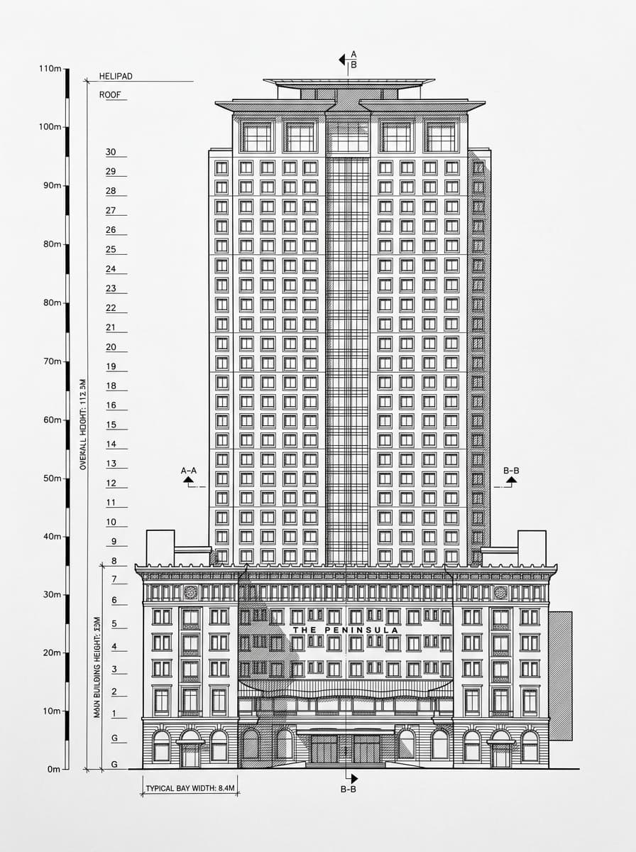 Architectural elevation drawing of The Peninsula Hong Kong, Tsim Sha Tsui, Hong Kong