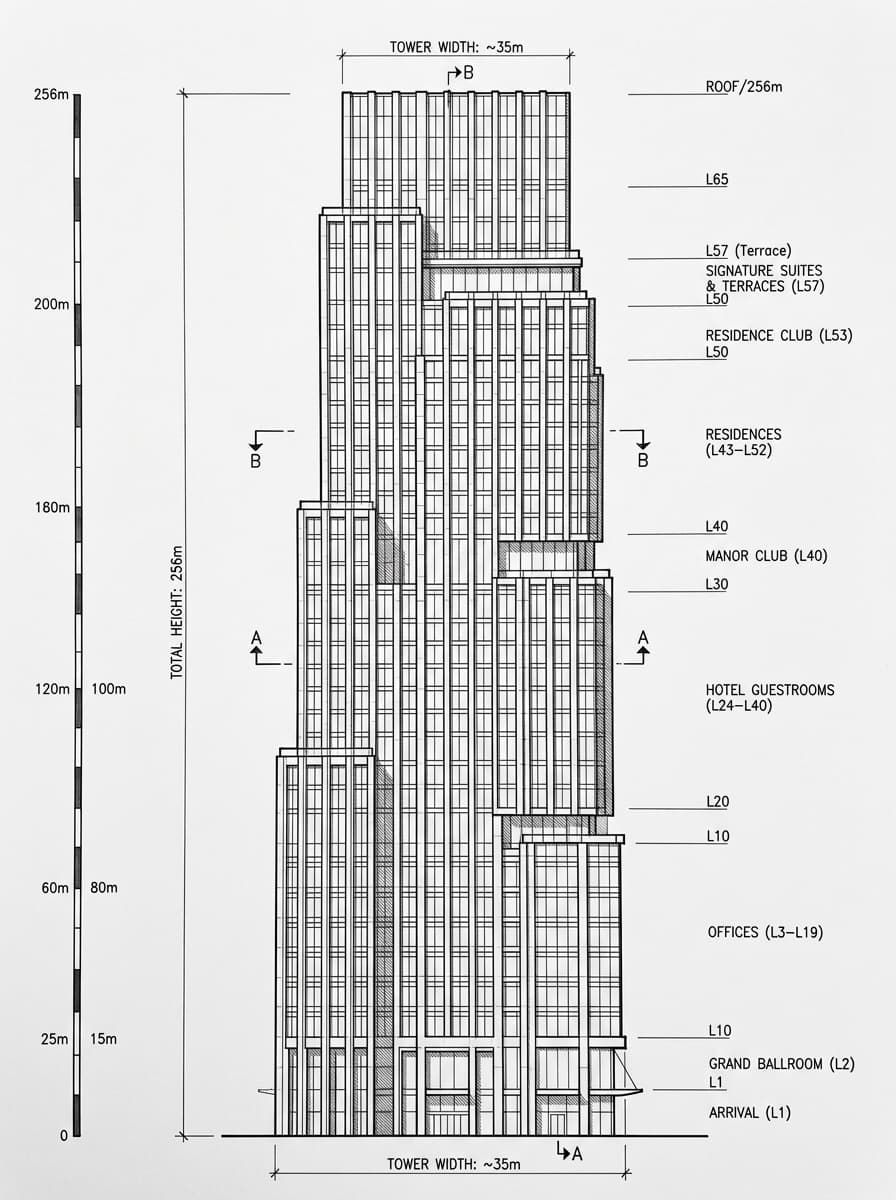 Architectural elevation drawing of Rosewood Hong Kong, Tsim Sha Tsui, Hong Kong