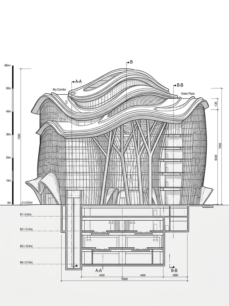Architectural elevation drawing of West Kowloon Station, West Kowloon, Hong Kong