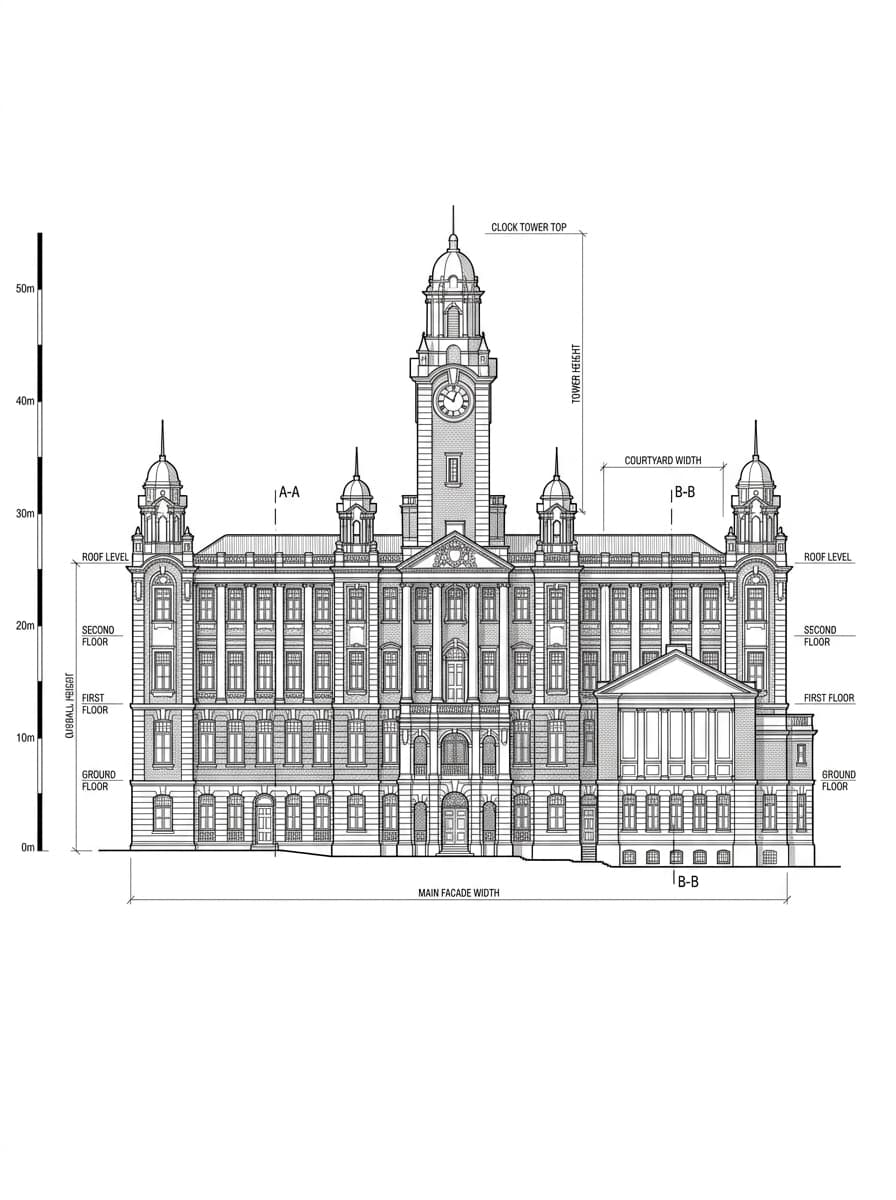 Architectural elevation drawing of HKU Main Building, Central & Western, Hong Kong
