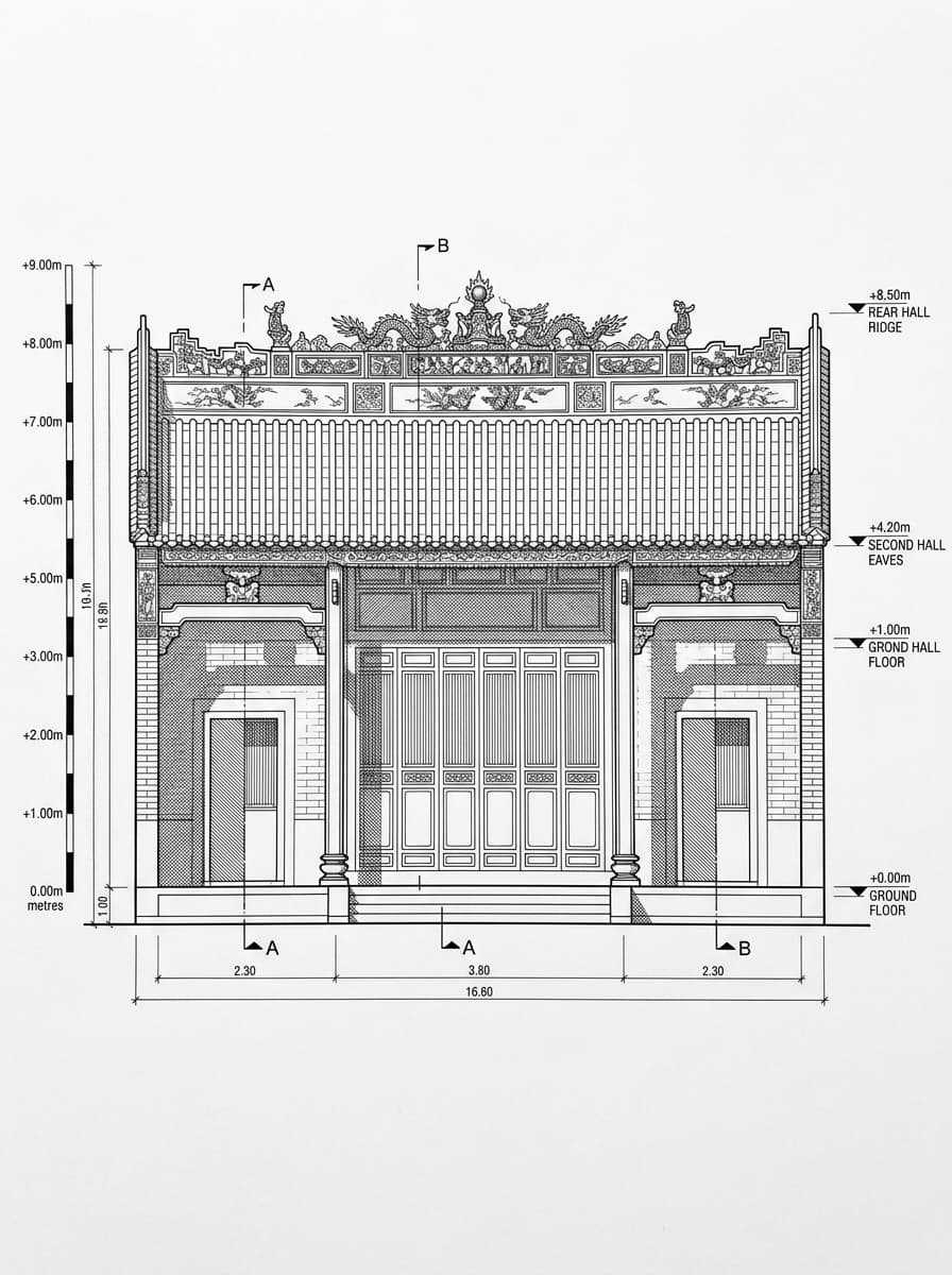 Architectural elevation drawing of Tang Ancestral Hall, Yuen Long, Hong Kong