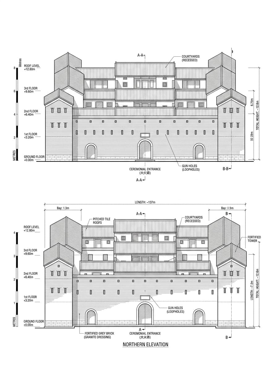 Architectural elevation drawing of Tsang Tai Uk, Sha Tin, Hong Kong