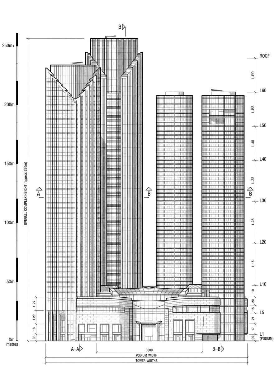 Architectural elevation drawing of Pacific Place, Admiralty, Hong Kong