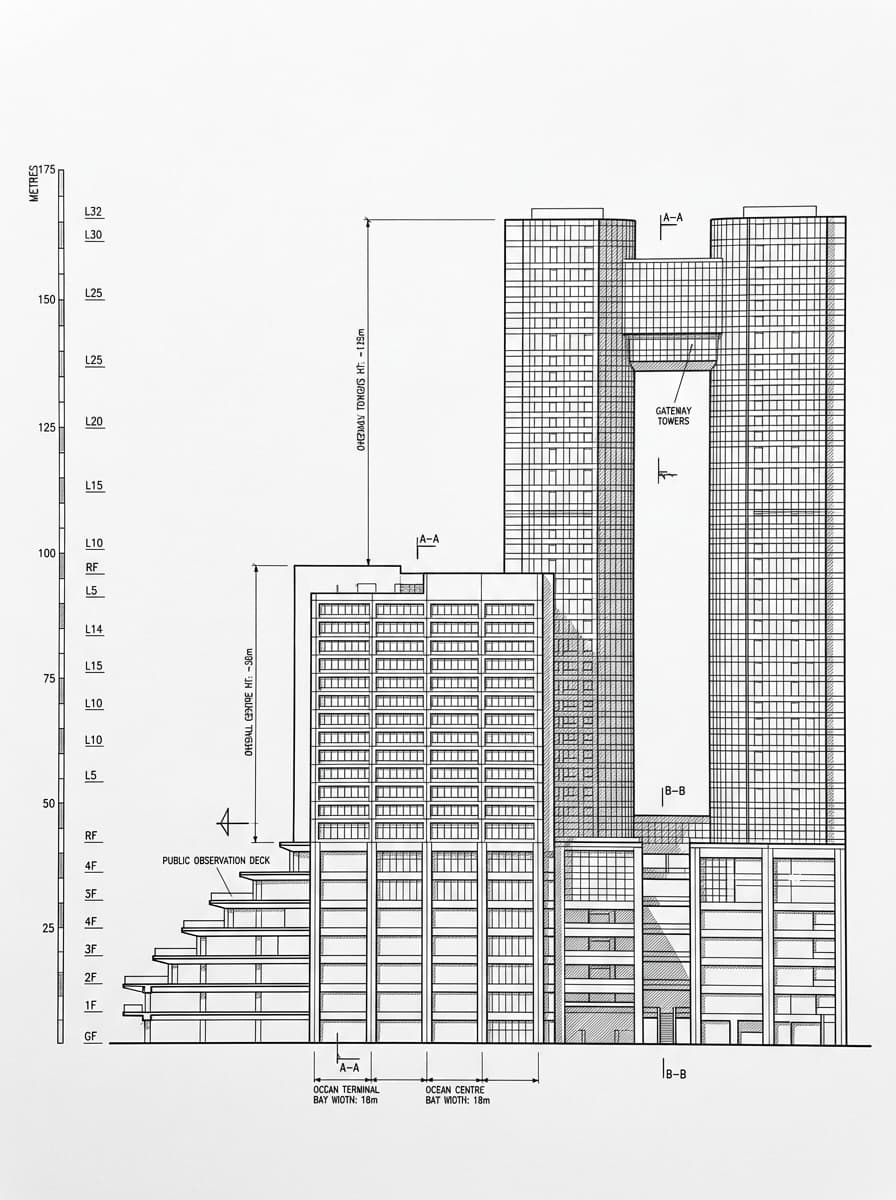 Architectural elevation drawing of Harbour City, Tsim Sha Tsui, Hong Kong
