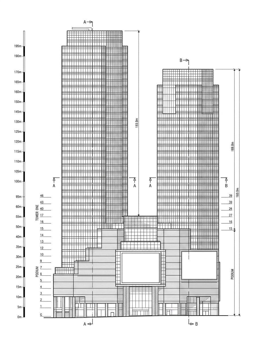 Architectural elevation drawing of Times Square, Causeway Bay, Hong Kong