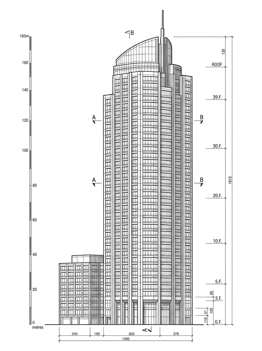 Architectural elevation drawing of Skyline Tower, Kwun Tong, Hong Kong