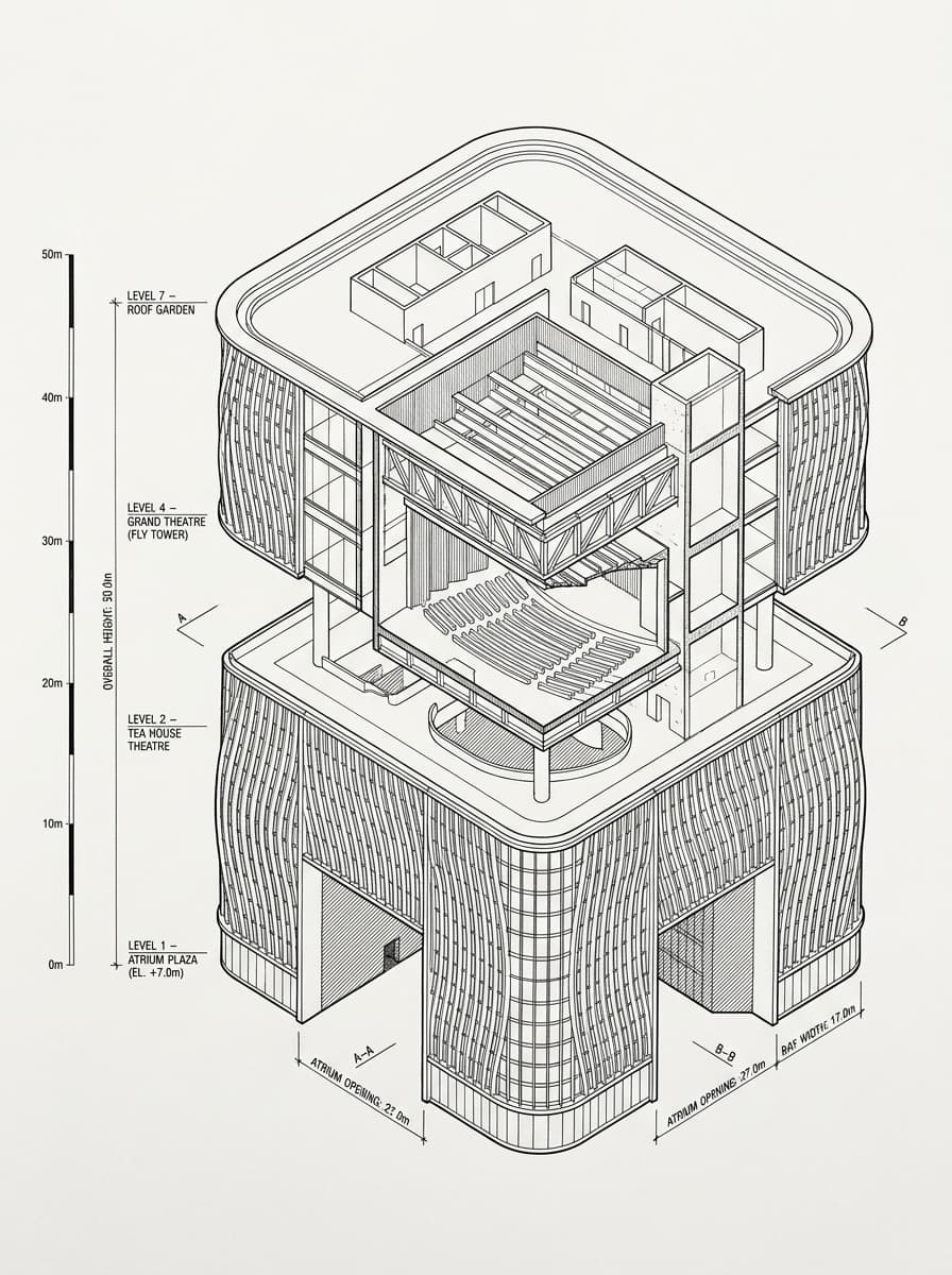 Architectural elevation drawing of Xiqu Centre, West Kowloon, Hong Kong