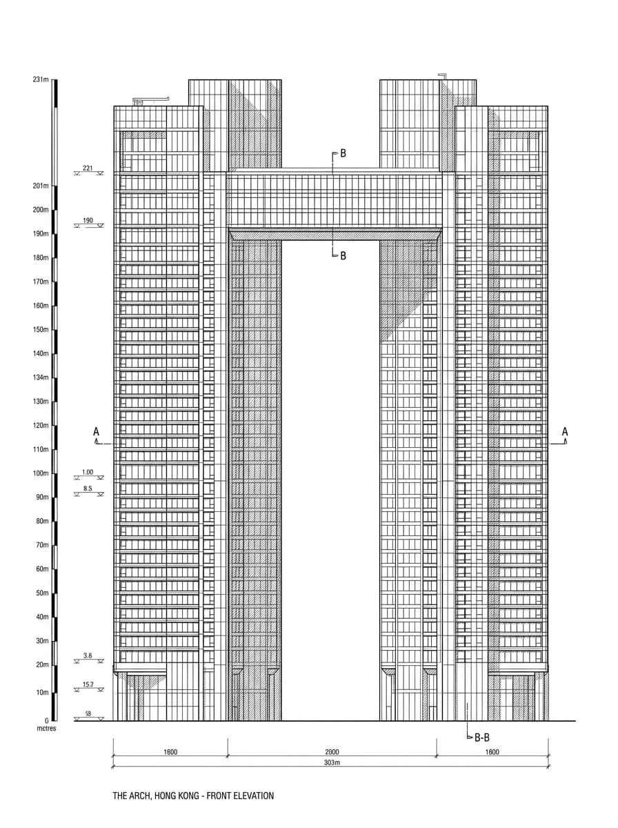 Architectural elevation drawing of The Arch, West Kowloon, Hong Kong