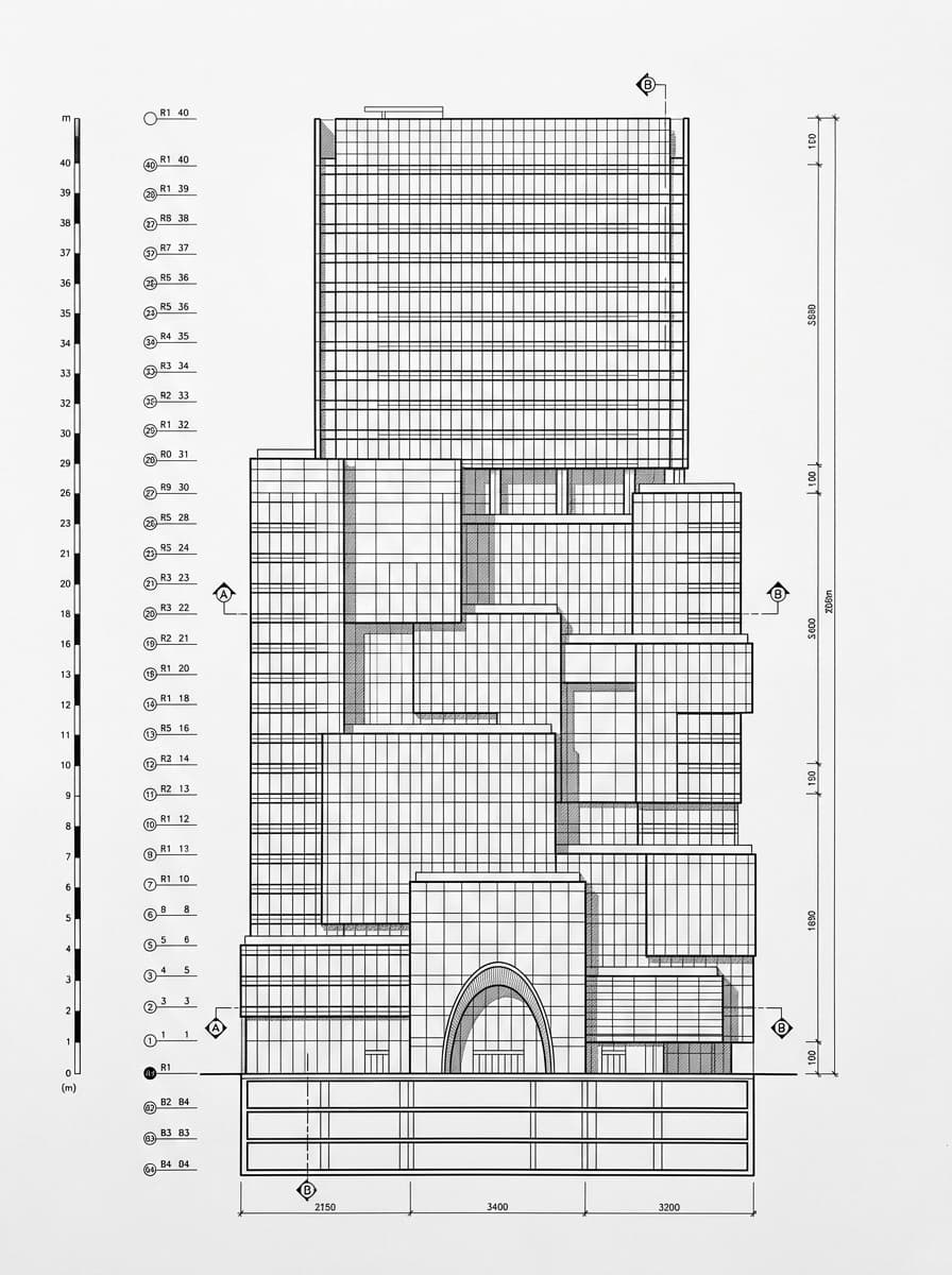Architectural elevation drawing of Hysan Place, Causeway Bay, Hong Kong