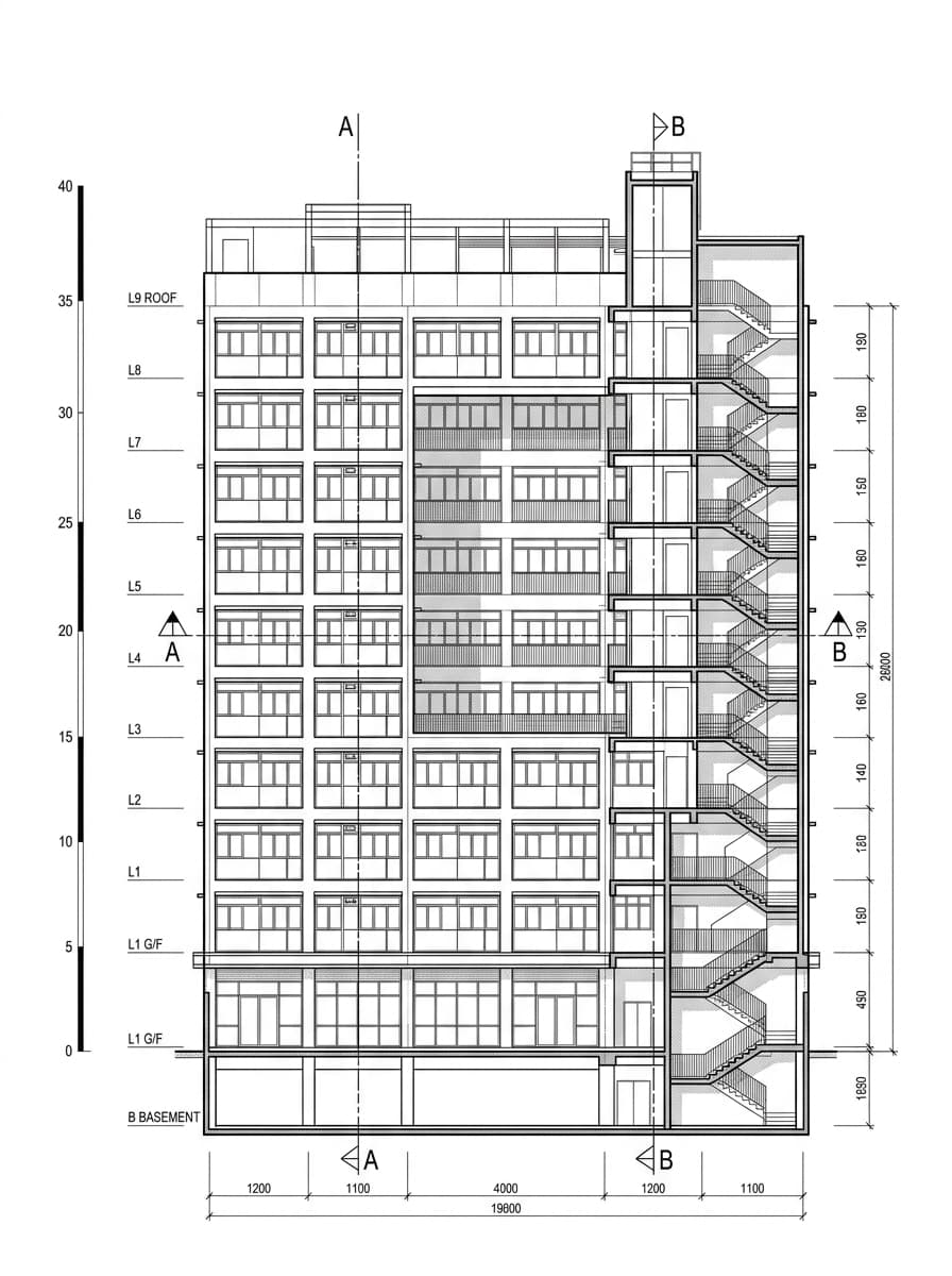 Architectural elevation drawing of JCCAC, Sham Shui Po, Hong Kong