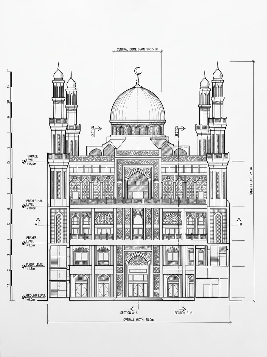 Architectural elevation drawing of Kowloon Mosque, Tsim Sha Tsui, Hong Kong