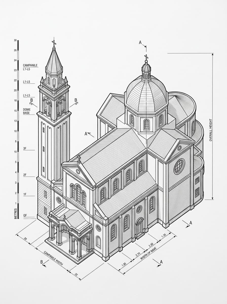 Architectural elevation drawing of St. Teresa's Church, Kowloon City, Hong Kong