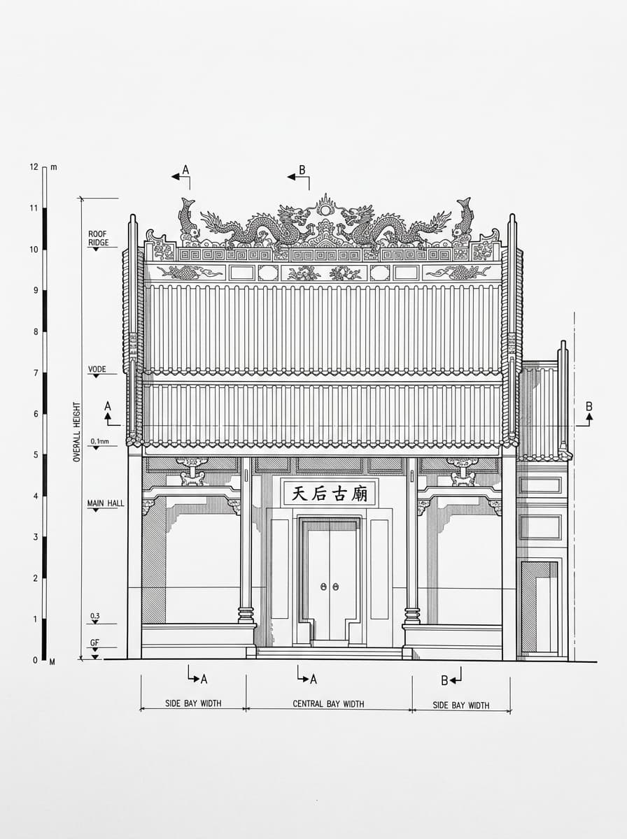 Architectural elevation drawing of Tin Hau Temple (Causeway Bay), Eastern, Hong Kong