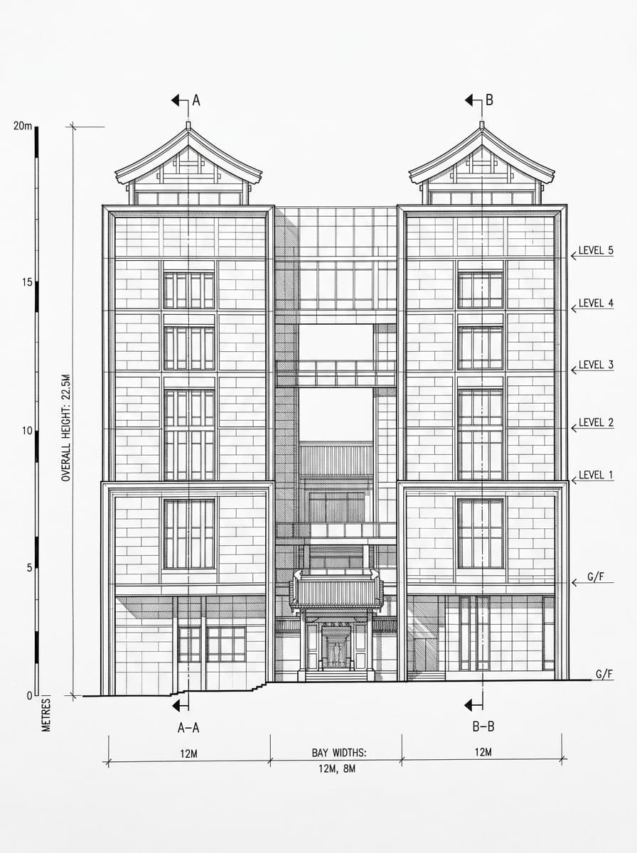 Architectural elevation drawing of Hong Kong Heritage Museum, Sha Tin, Hong Kong