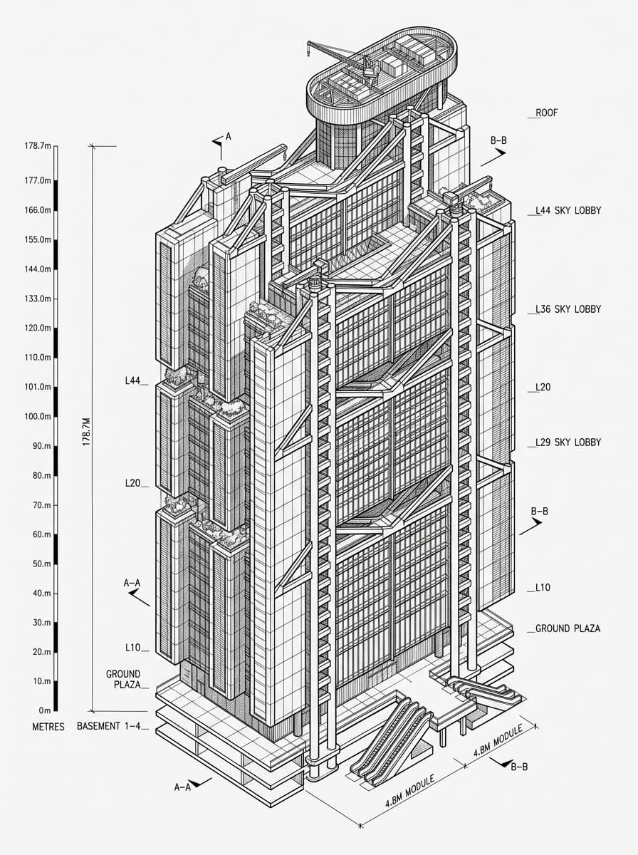 Architectural elevation drawing of HSBC Centre, Yau Tsim Mong, Hong Kong