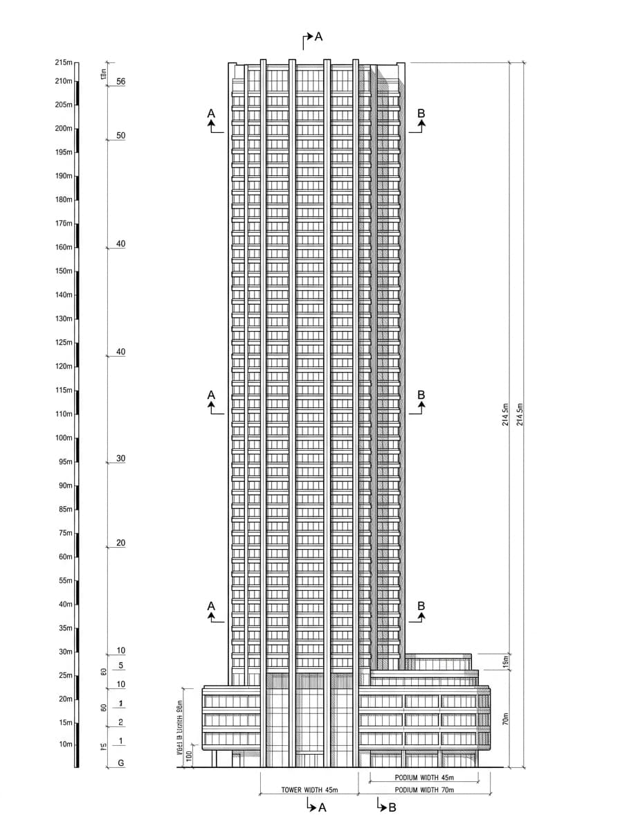 Architectural elevation drawing of Sun Hung Kai Centre, Wan Chai, Hong Kong