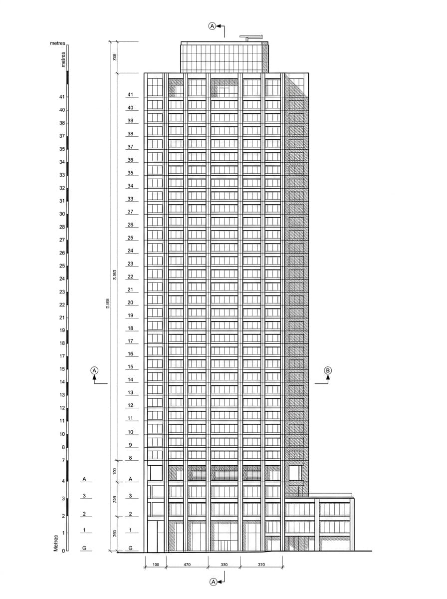 Architectural elevation drawing of New World Tower, Central, Hong Kong
