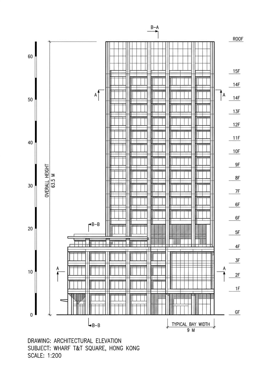 Architectural elevation drawing of Wharf T&T Square, Kwun Tong, Hong Kong