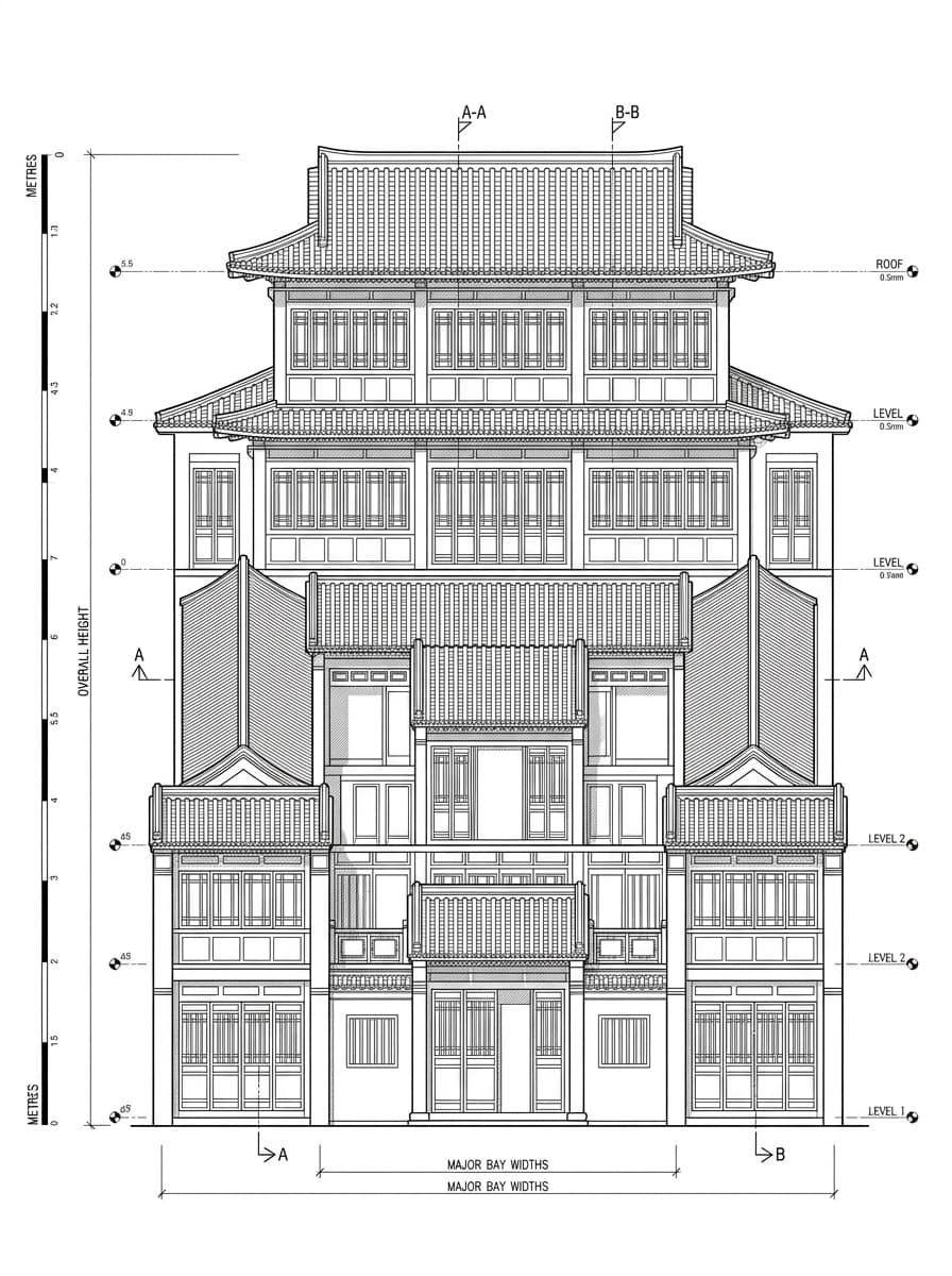 Architectural elevation drawing of Kowloon Walled City Park, Kowloon City, Hong Kong