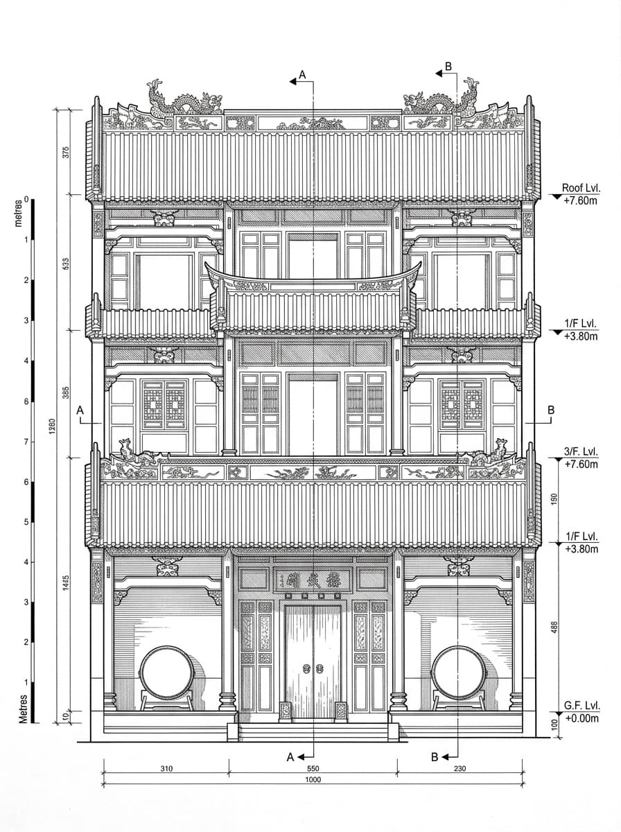 Architectural elevation drawing of Ping Shan Heritage Trail, Yuen Long, Hong Kong